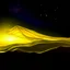 Placeholder: a bed flying through a dark yellow sky, golden mist, flowing fabric, starry night