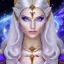 Placeholder: cosmic mage, elf, female, battle mage, epic, cosmic magic, long ears, white hair, face details, pale skin, jewellery, broad shoulders, sharp ears, cosmic clothes, cosmic eyes, ears shown, light out of eyes, the cosmos in eyes, stars in eyes, shining eyes, non human face, thin face, animation, detailed ears, magical eyes, non realistic, closed mouth, bigger make up