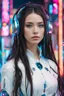 Placeholder: Kodak Vision 2383, full body photo of a mystic cyber droid biotech woman named Lisa Lou, with dark long hair and long model lags, wearing high-tech headphones and a white shirt, The background unfocused pinkish Neon Signs lights, with her "beautiful big blue eyes" she looks directly into the camera, detailed natural skin, retrofuturism, future tech, dramatic cinematic lighting, RAW photo, high detailed Natural skin, film grain, cyberpunk neon look, camera f1.6 lens, rich colors,