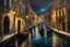 Placeholder: Beautiful photo realistic scene of a canal in Venice, dark night, streetlights and lights on the gondola, realistic, professional award winning oil on canvas, extremely detailed, high definition, elegant,