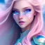 Placeholder:  beautiful, soft, whide smile face,whole head, long blonde straight hair, blue eyes, fairy wings on the back, transparent crystal blue and pink clothes, background blue and pink, big definition, 8K