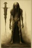 Placeholder: The full body of a man with long hair, holding a bat with both hands , decayed and rotting with grotesque proportions and imagery. surreal horror, biomechanical design, by hr giger and beksinski