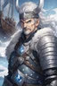 Placeholder: in anime style,1older man, a man with blue eyes and black hair man in silver Viking armor with fur around the neck with blue crystal on his chest holding an axe in his hands standing on a pirate ship in the artic, warrior in anime style,