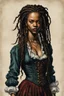 Placeholder: full body colored etching of a malevolent, predatory vampire buccaneer girl from the French West Indies with highly detailed dreadlock hair and facial features ,in the style of Rembrandt, Gian Lorenzo Bernini, and Johannes Vermeer, with a fine art aesthetic, highly detailed , realistic , 4k UHD