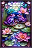 Placeholder: 3D and alcohol ink ethereal image of a purple frog and a pink frog, they are in love, they are sitting on a lily pad by a garden temple made of stained glass and agate with copper foil highlights and pearls. Oriental garden temple, dragonflies, whimsical garden koi pond