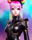 Placeholder: Detailed cute anime Kunoichi girl, rainbow hair buns, rainbow bangs, black latex bodysuit, intricate details, full body portrait, keep head in frame, slight smile, black Japanese motif, concept art, highly detailed, digital painting, concept art, sharp focus, illustration, art by Yoji Shinkawa, WLOP and greg rutkowski and alphonse mucha and artgerm and yanjun Chen and Junji ito and Makoto Shinkai, HDR, octane render