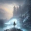 Placeholder: fantasy art, book cover, upper body of big mad wizard in front of the ebony stairs of a bridge or dam ,icy water, on the bridge is a wolf, there is also a hawk and everything is seen from the tree tops