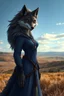Placeholder: full body picture, smiling female anthropomorphic wolf priestess, dark grey fur, furry body, regal, looking at camera, worn long blue dress, gloves, wild plains in the distance