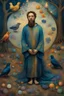 Placeholder: Otherworldly, Peter McKinnon full body view of a beardy Shia LaBeouf-John Krasinsky, beautiful body hues Paul Gauguin Medieval organza Klimt glitter robe sits on the ground holding a bramches nest with two colored birds.by meticulous Hieronymus Bosch oils, in fantasy hues by Paul Gauguin heightened palette., detail faces and body parts, total body-paint Iris Van Harpen curvilinear art Nouveau tattoos, Mario bava movie still, Masterpiece, sharp focus, raw photo environment