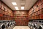 Placeholder: elaborate library on a wall full of leather-bound books stretching to ceiling occupying the entire wall in a laundromat, striking, juxtapositional, fantastical