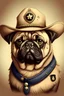 Placeholder: a high-quality digital illustration of a pug sheriff wearing a cowboy hat and a sheriff badge, vintage style, western theme, brown fur, expressive eyes, 32k resolution