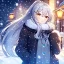 Placeholder: girl, masterpiece, best quality, cinematic lighting, detailed outfit, perfect eyes, silver hair, long hair, vibrant golden eyes, ponytail, messy hair, snowing, winter outfit, hairclip,