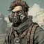 Placeholder: Portrait, man character with hair, gas mask, comic book illustration looking straight ahead, post apocalypse