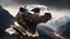 Placeholder: dark portrait of a detailed chrome & gold cyborg otter on a smokey mountains peak. alien mega structures everywhere. futuristic. photoreal