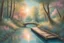 Placeholder: Un chemin dans une foret bordé de fleurs, un petit pont en bois clair, une rivière turquoise avec le reflet des arbres et du soleil dans l'eau , une barque sur la rivière, une ambiance douce, des couleurs pastels orangées, bleu doux et vert clair, un ciel bleu intense avec des petits nuages roses, des rayons de soleil. Beaucoup de détail très précis et raffinés.Au premier plan on peut voir la délicatesse des pétales des fleurs. Fleurs et feuilles très détaillés très précises.Ambiance magique