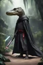 Placeholder: [photo realistic] a crocodile standing with a Sith cape and a Lightsaber, using the force, jungle in the background