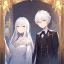 Placeholder: Twins, boy and girl, white hair, silver eyes, royal hall background