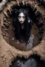 Placeholder: Closeup tall Girl goth with big eyes, fullbody, ragged clothes, behind her mud and rats, extended like roots, the perspective looking up from the bottom of an empty well , 8k,macro photography,