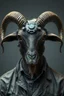 Placeholder: a portrait of a broken head mechanic, man is eating a hybrid mixed body part sheep, giant eyes sheep alien style H.R giger look, detective goat master