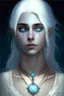 Placeholder: hauntingly beautiful character for dnd, young woman with white hair and blue eyes, angel, with moon necklace