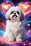 Placeholder: fluffy extra large eyed very happy puppy white-gold shih-tzu in the distance a colorful intricate HEART shaped planet similar to earth in a brig ażht nebula. sparkles. Cinematic lighting,vast distances, swirl. fairies. magical DARKNESS. SHARP. EXTREME DEPTH. jellyfish, cinematic eye view