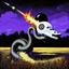 Placeholder: Oddball horror, color glitchy photograph featuring dark negative space, TEXT "SARDONIC HARMONY", creeping nihilism, segmented illustrative sectioning, anthropomorphic shambling feathery snake creature with a featureless black round head with a white spiral pattern, comet with a fiery vapor train hurtling to earth, foreboding, background a surreal field, 'Beetlejuice' style aesthetic