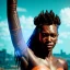 Placeholder: A beautiful portrait of a cyberpunk cyborg black tribal woman with lot's of grain on her skin and big tribal tatoos all over the skin, with natural hair floating in the wind cyborg smiling facing camera orange color scheme, high key lighting, volumetric light high details with white stripes and feathers unreal 5, octane render, cinema4d, dynamic lighting, dramatic lighting, 4k, redshift render, highly detailed, hyper realistic