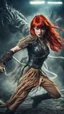 Placeholder: Full-body retro photo of a woman with straight red hair and a Fringe, in a fight with a monster, wrapped in tenacles, in an action pose, sci-fi Background