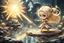 Placeholder: cute blonde chibi princess fighting with an ugly giant monster with a golden laser sabre, golden coin stacks, pond, in sunshine, H.R. Giger, anime, steampunk, surreal, watercolor and black in outlines, golden glitter, ethereal, cinematic postprocessing, bokeh, dof