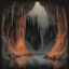 Placeholder: A eerie cave full of stalagmites dripping with vivid rusty water, in mezzotint art style