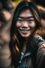 Placeholder: portrait of an asian girl smiling, outdoors, dslr camera, cinematic photography, epic angle, dark colour tone