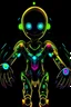 Placeholder: tall,round, pixelated body that constantly emits a soft neon glow in various colors. Their large, expressive eyes are made up of tiny glowing. wears a sleek, form-fitting black suit adorned with vibrant neon patterns and circuit-like designs. four long, thin arms with claw-like fingers. head is with a pair of metallic antennae.smile, revealing a row of tiny, sharp teeth that glow with a neon hue.