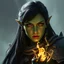 Placeholder: A digital illustration shoot from a portrait camera angle about a portrait of a young orc woman with dull green skin. In the middle of the image, a 20 years old orcish woman, appears to be looking at the viewer lost in thought. she has long black hair and is wearing armour. Fantasy, skyrim, magic
