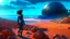 Placeholder: A woman in a catsuit standing on a beach of a rocky crystal-covered landscape with a crashed spaceship in the distance