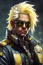 Placeholder: High Quality Science Fiction Character Portrait of an bounty hunter with White-Yellow Hair in a Bomber Jacket.