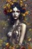 Placeholder: abstract creation of a beautiful girl with black curly hair, surrounded by black roses, thick metal chain broken, glass petals on the ground, autumn colours,dried out thorn bush, chaos,