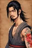 Placeholder: A Young Man who is a Samurai, he has scars, cuts, and marks on his body. His body looks war torn, and he is missing his left arm from his shoulder. He has long black hair and has a stuble for facial hair.