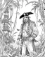 Placeholder: Pirates of the Caribbean: Jack Sparrow's Jungle Adventure Coloring Page: Design an adventurous coloring page inspired by the Pirates of the Caribbean movie, featuring Jack Sparrow navigating a dense jungle on a quest. Remove black color backgrounds and lines as much as possible, allowing kids to focus on coloring towering trees, wild animals, and hidden paths. This black-and-white canvas invites young artists to bring the excitement of Jack Sparrow's jungle exploration to life in their imaginati