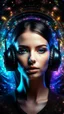 Placeholder: A beautiful face in front of visually captivating, futuristic background for a book cover on audio engineering and mixing, with holographic, multicolored soundwaves that pulse and flow diagonally across a dark, abstract background filled with a subtle star field. Use three-dimensional elements, creating a sense of depth, with frequency bars and particle effects that feel fluid and dynamic, reflecting the essence of modern audio technology