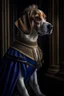 Placeholder: Ultra realistic photo of a small beagle Queen of France, posing proudly in her finery despite her sadness, mid body. Cinematic, rococo style, hyper-realistic photo by Marta Bevacqua.