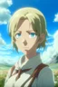 Placeholder: Attack on Titan screencap of a female with short wavy light hair and blue eyes. Beautiful background scenery of a flower field behind her. With studio art screencap.