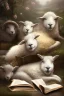 Placeholder: one black sheep reads a book on other site white sheep herd sleep