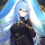 Placeholder: Clear focus, High resolution, Long light blue fluffy hair, hair between eyes, yellow eyes, wearing black fabric shorts, detailed outfit, blue and black outfit, gold accessory