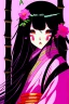 Placeholder: Cute Japanese girl, with pink eyes, dressed in her pink kimono and a black haori, black long hair with reddish tips, a piece of bamboo covering her mouth, drawing manga style, vibrant colors, in a manga book cover