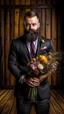 Placeholder: Man with medium beard in full suit holding a bouquet of flowers in a site environment in the background of a wooden wall