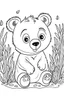 Placeholder: cute coloring page, sketch style, cute baby bearin the wood, cute cartoon, white and black, withe background, no shadows, outline.