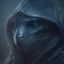 Placeholder: Close-up of Gorgeous dark hooded lizardman in dark night heavy fog