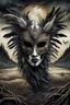 Placeholder: An surreal stunning image of a crepy ritualistic Feathered Mask-face mutant witd dark eyes, pale skin, on creature, with dark muted tones, a grim and weird atmosphere, textured impasto-like effect with ink, intricate details, surreal vibe, expressive focusing, muted tones, gradients, thriller and utopistic mood, in background barren landscape, ruins, dark shadows