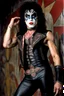 Placeholder: text 'KISS' - head and shoulders portrait, KISS - muscular 20-year-old Paul Stanley, Black star on right eye, Chest and stomach hair, rose tattoo on right shoulder, black spandex and leather, 8-inch high platform boots, - a multicolored cement wall in the background,