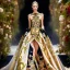 Placeholder: stunning couture gown designed by Marchesa inspired by fairies, realistic epic elegant fantasy colors in gold and black and red,decorated with precious stones, detailed, high quality, intricate, fantasyland background,